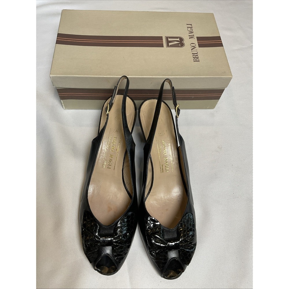 Women's Vintage Bruno Magli Shoes Sling Back Peep Toe Heels Black Bow 10 B
